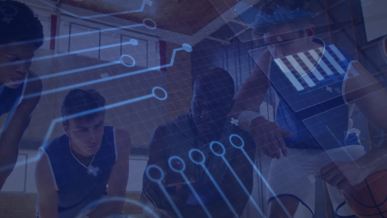 coach holding tablet while players leaning forward discussing basketball play tech circuits pulsing