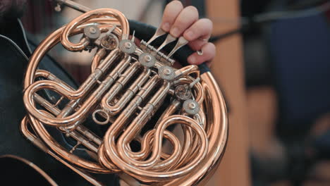 musician professionally playing on french horn in the orchestra