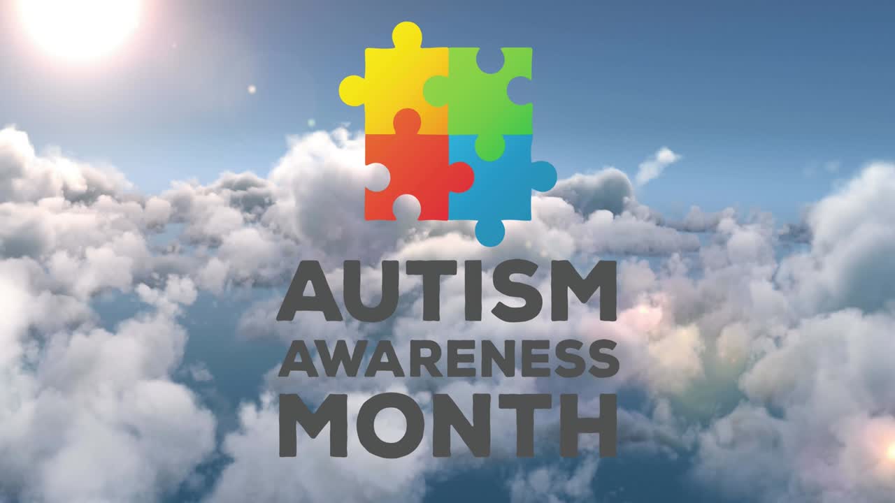 animación de piezas de rompecabezas coloridas y texto del mes de concienciación sobre el autismo en el cielo