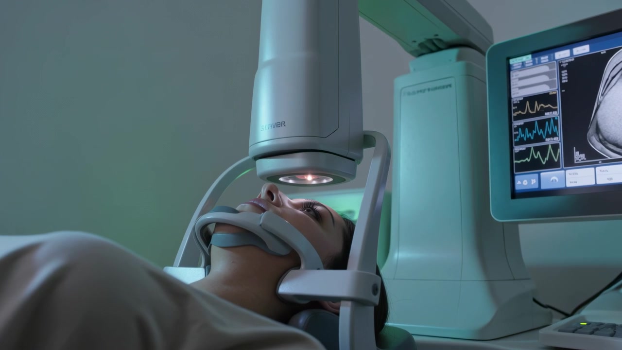 Dispositivo che si abbassa sopra un paziente sdraiato in camice sulla mentoniera in clinica, anello luminoso per la scansione della testa.
