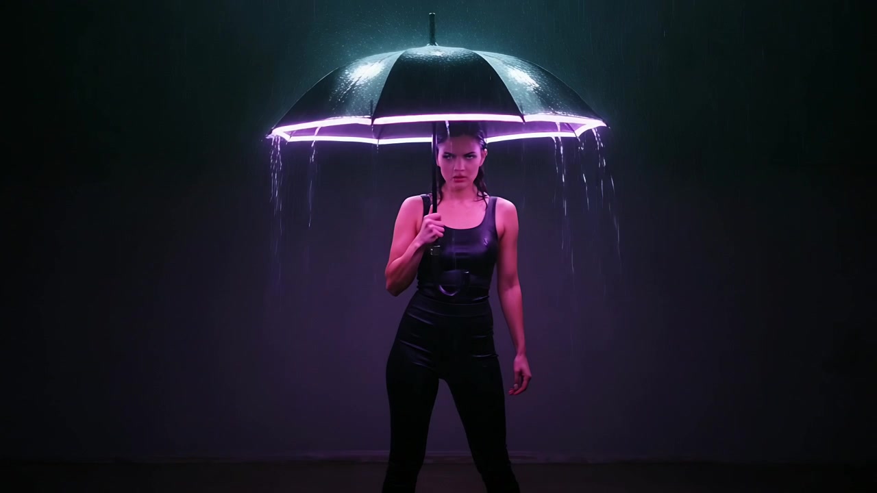 Holding purple LED umbrella, woman posing in studio in black while overhead rig releasing water
