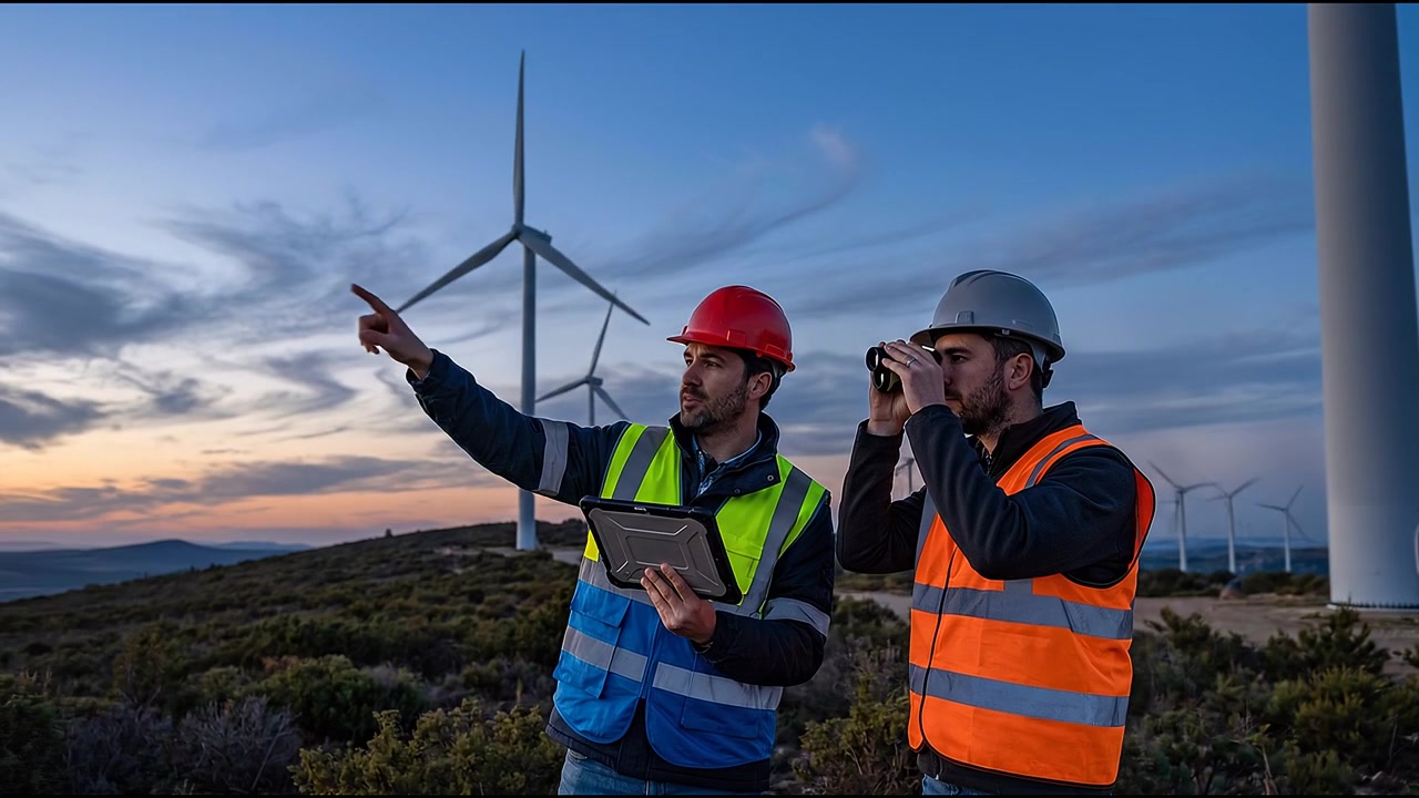 Engineers Inspecting Wind Farm at Sunset with Tablet and Binoculars