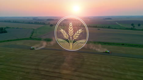 aerial view of combine harvesters on a field with a large rendered 3d wheat icon