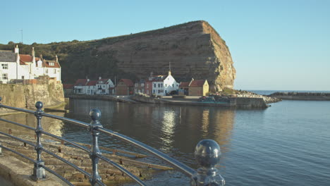 north york moors, staithes clip 7, pan of harbour towards cowbar, north yorkshire heritage coast, video, , 4096x2160 25fps, prores 422