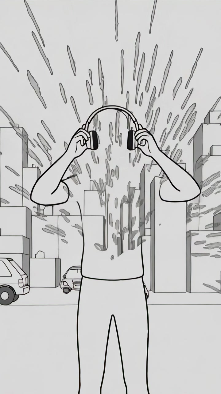 Vertical video: Placing headphones, faceless figure sending sound lines down city street in T-shirt