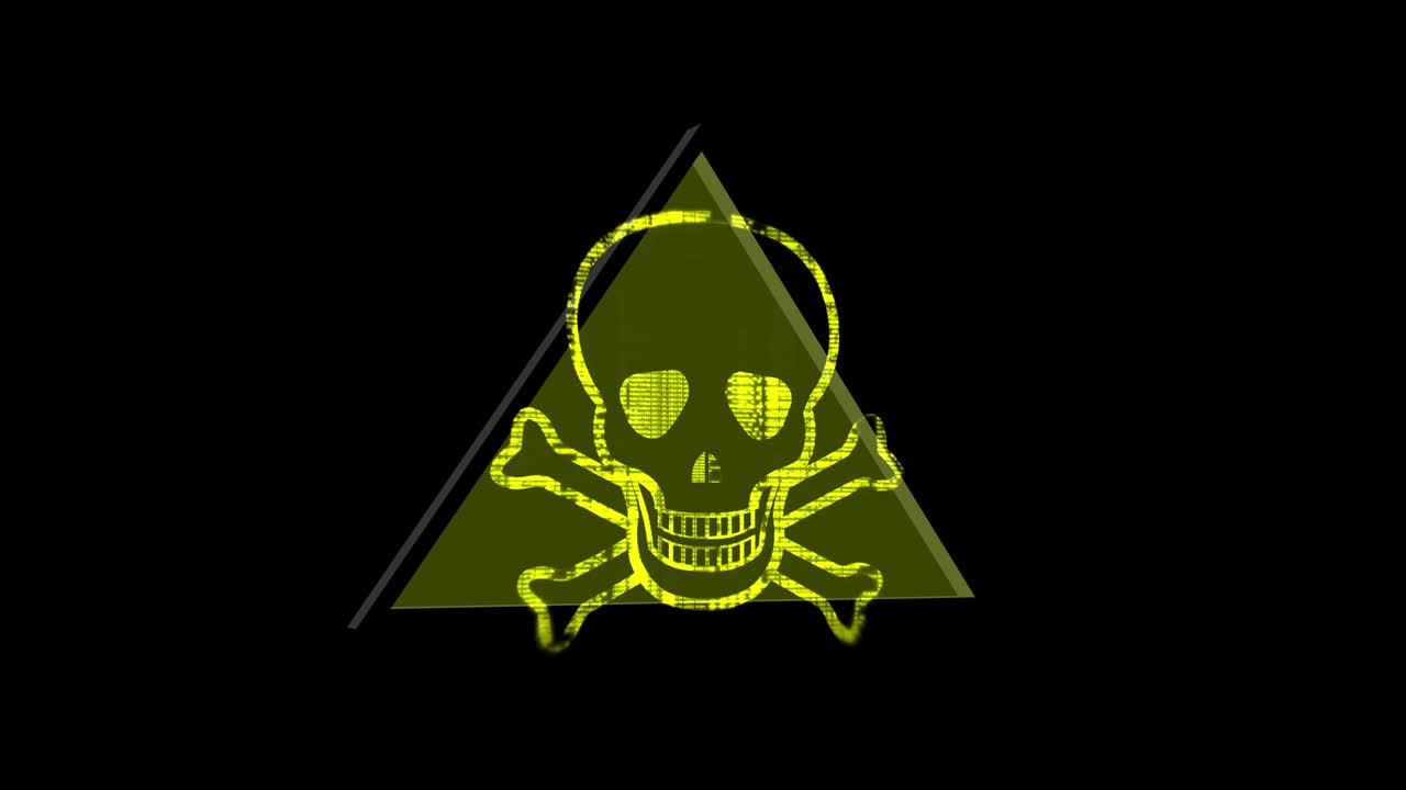 símbolo de advertencia amarilla de fallo del cráneo en fondo negro.