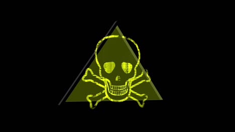 glitch yellow warning skull symbol sign on black background.