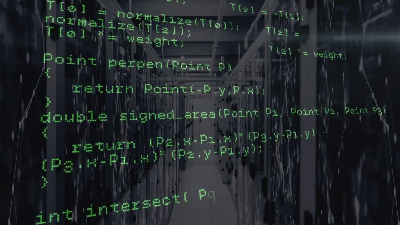 Animation of data processing in green over servers