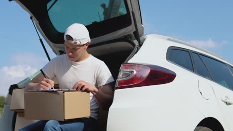 el mensajero se sienta en el borde del maletero abierto, lleno de cajas de mercancías y llena los documentos. entrega de bienes a casa. entrega expresa