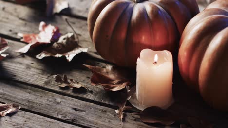 Video-of-halloween-pumpkins-and-candle-with-copy-space-on-wooden-background