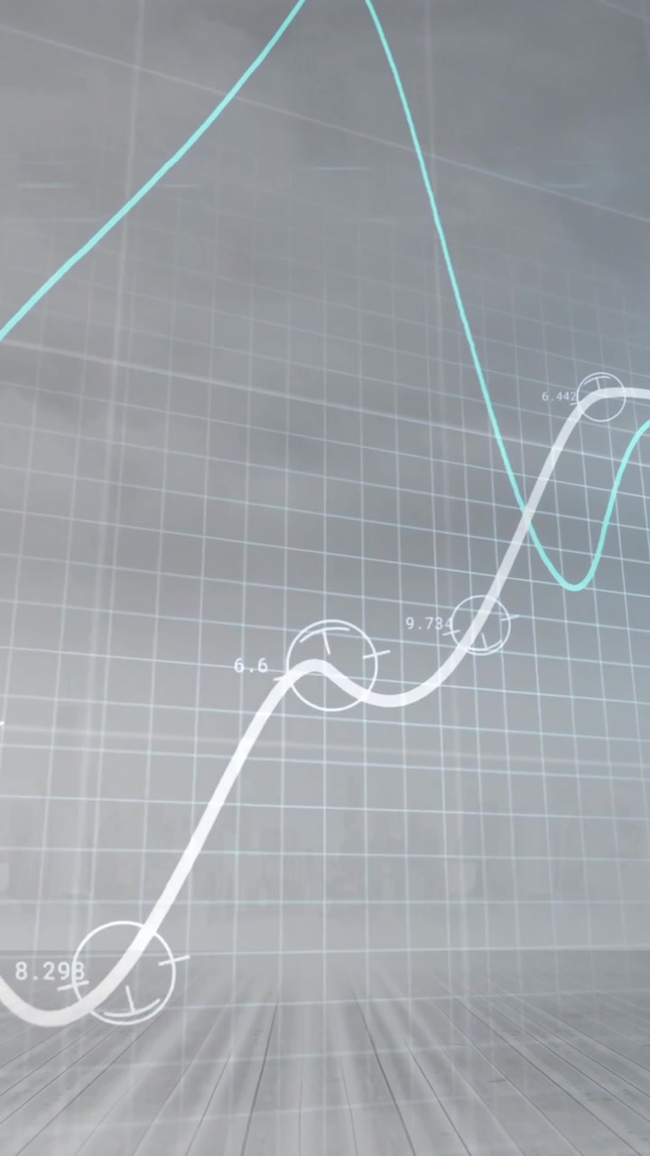 Animación de un gráfico luminoso procesando datos sobre un paisaje urbano y un cielo gris nublado.