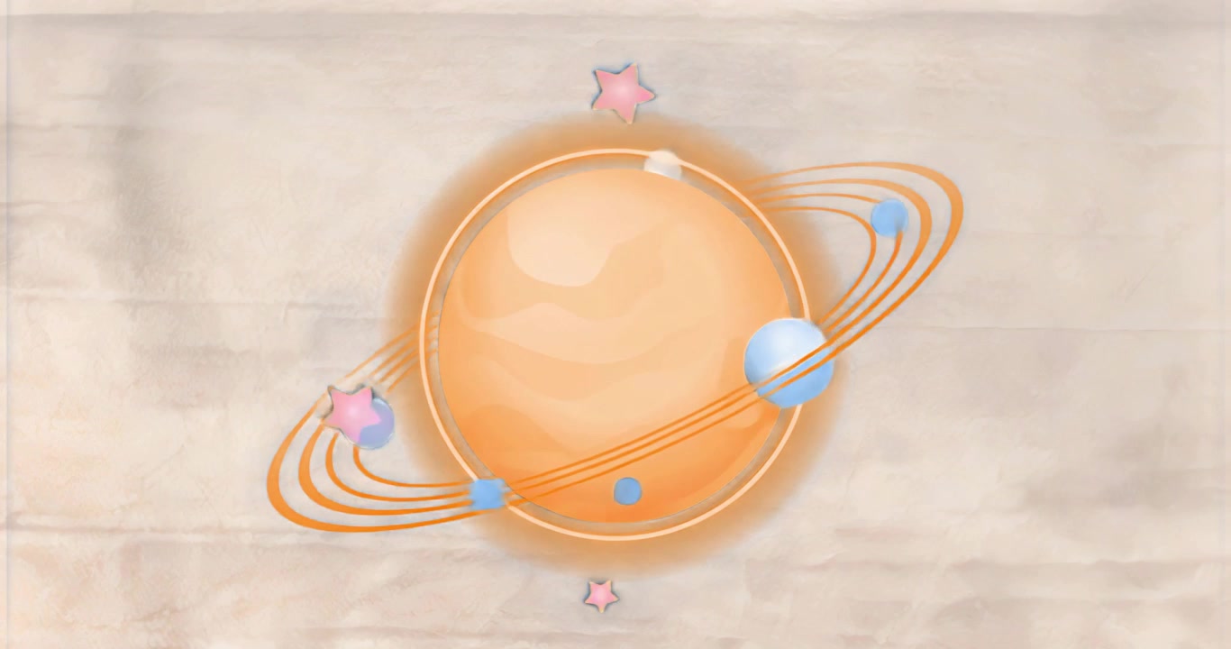 At animation start orange planet rings forming, spheres and pink stars orbiting clockwise looping