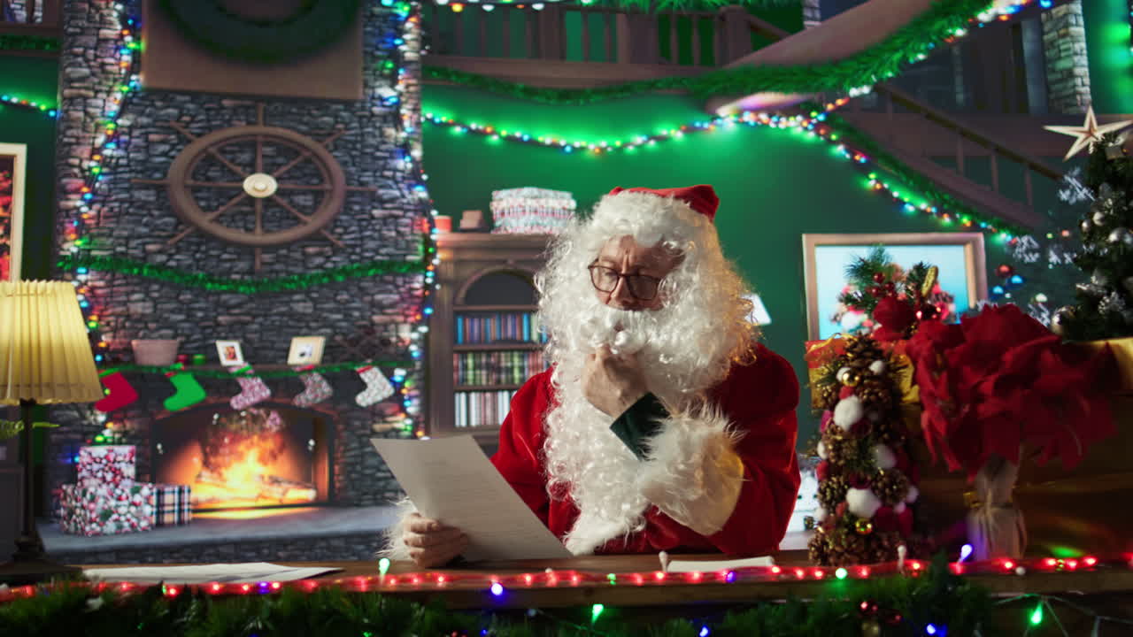 Santa Claus reading letters by the fireplace