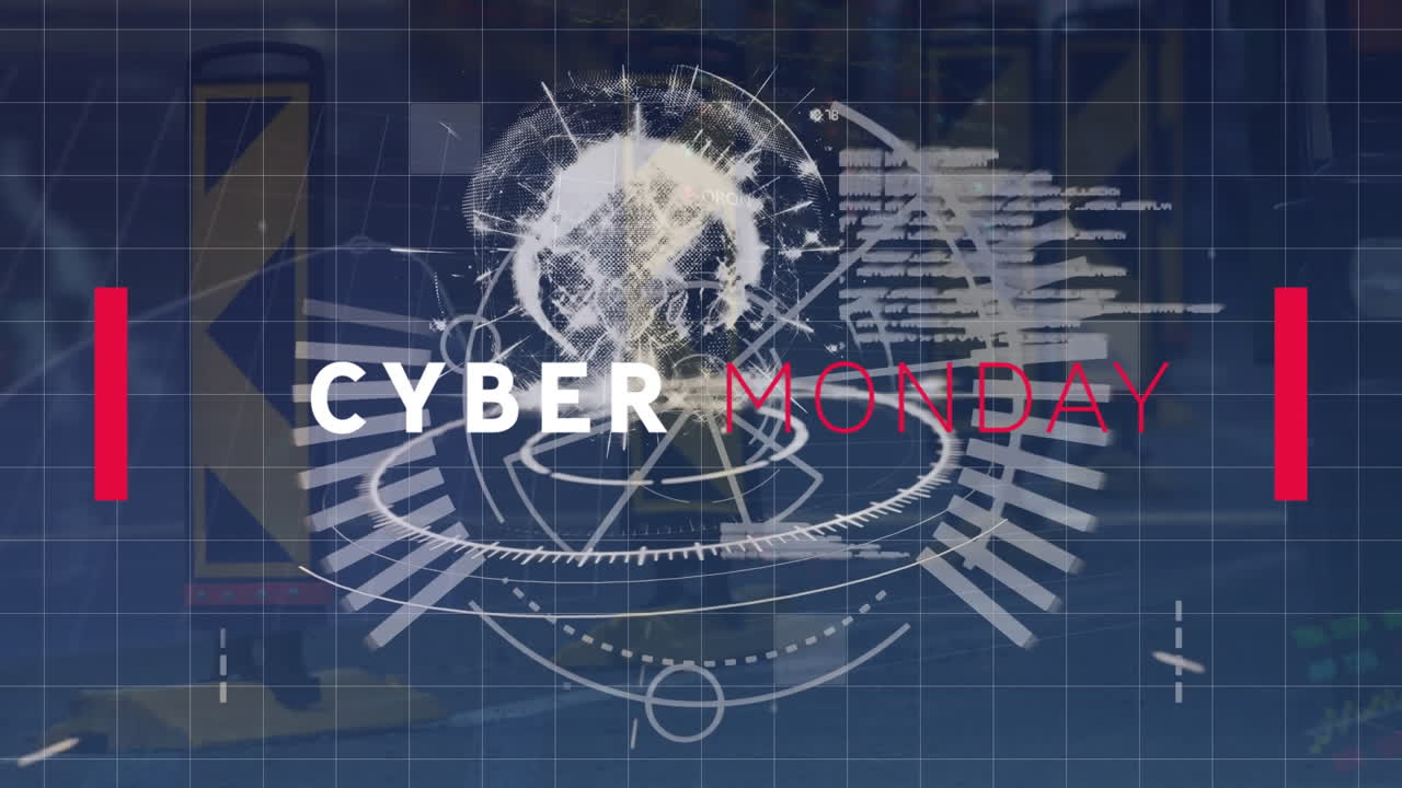 Animation of cyber monday text and globe over abstract pattern against people walking on street