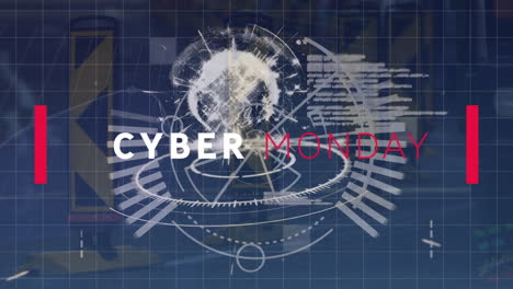 animación de texto de cyber monday y globo sobre patrón abstracto contra personas que caminan por la calle.