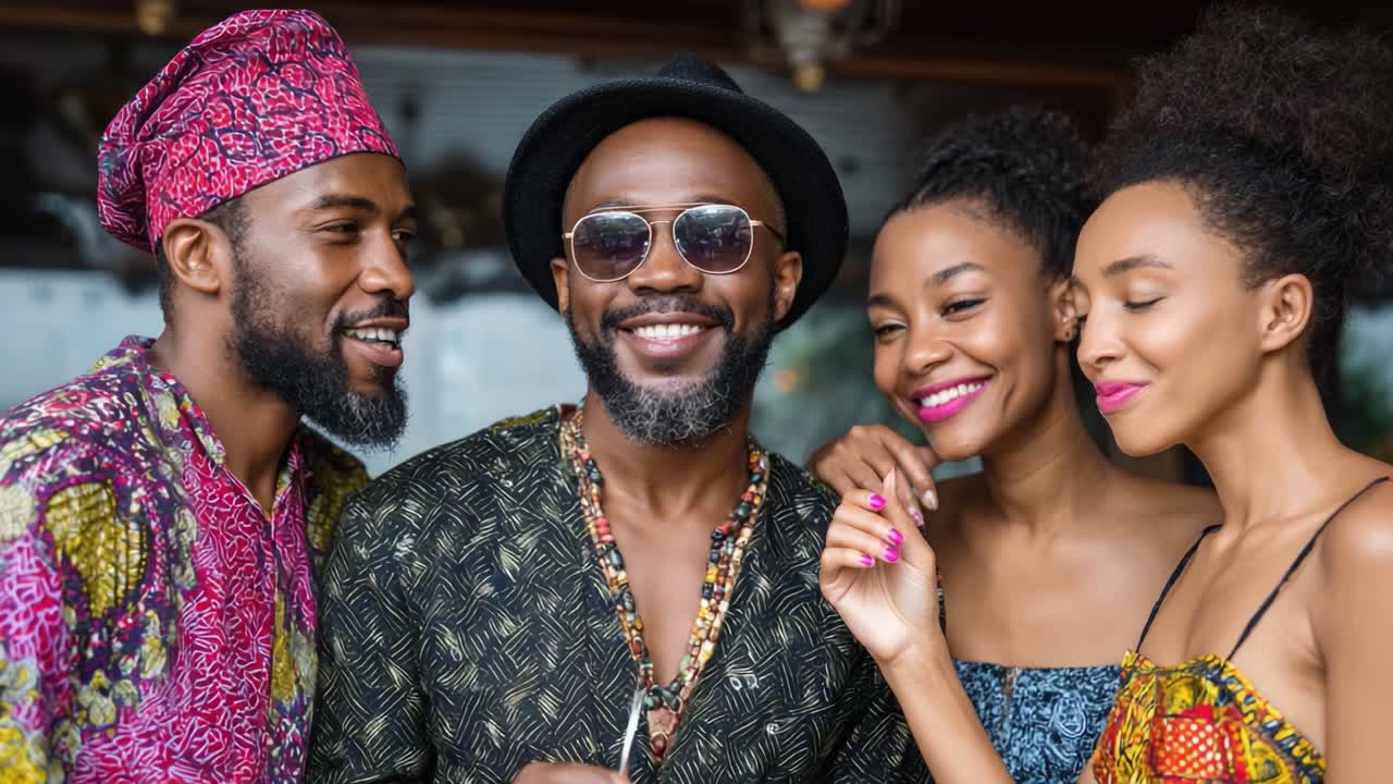 A Joyous Gathering of Friends Celebrating Togetherness and Cultural Pride, Embracing Their Heritage with Laughter and Fashion in a Vibrant Atmosphere