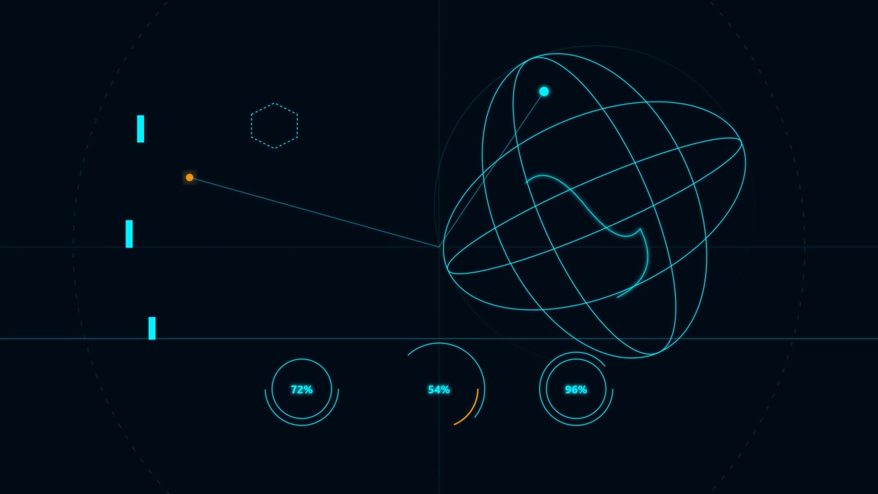 Futuristic Digital Interface with Rotating 3D Sphere and Data Metrics