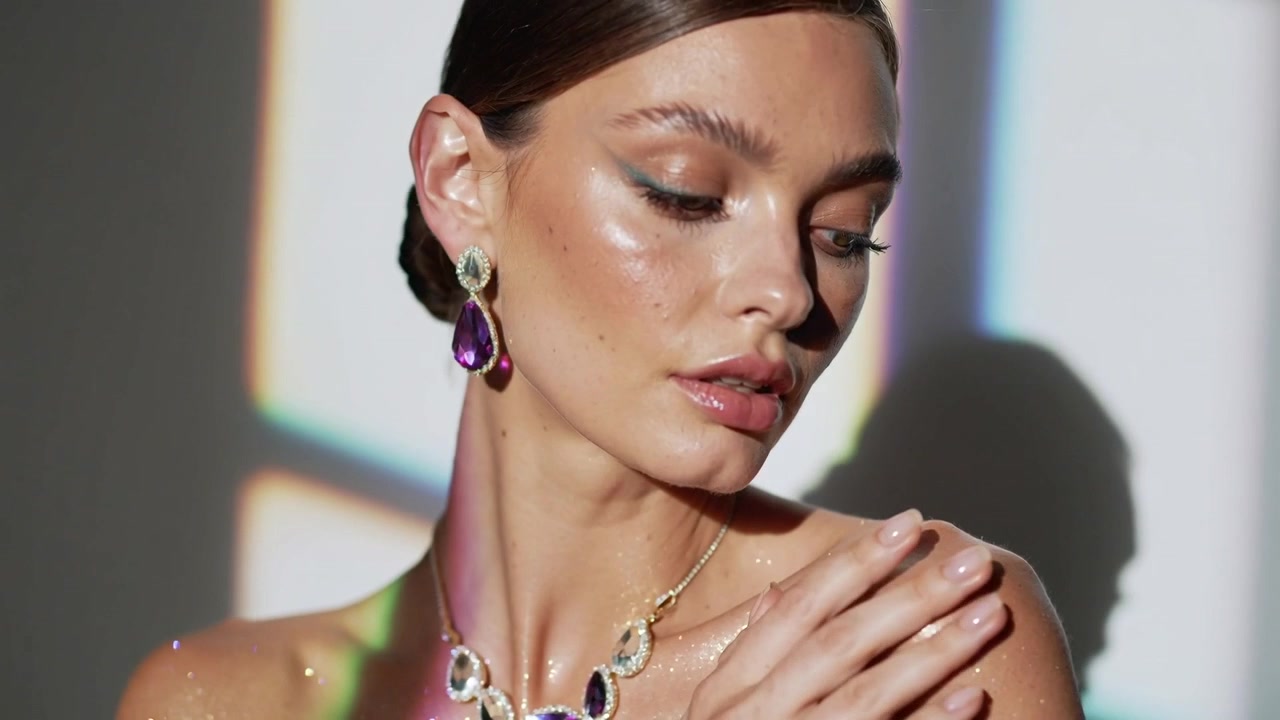 Modèle posant en studio, réagissant à la lumière principale, montrant une projection de paillettes de bijoux violets et une ombre