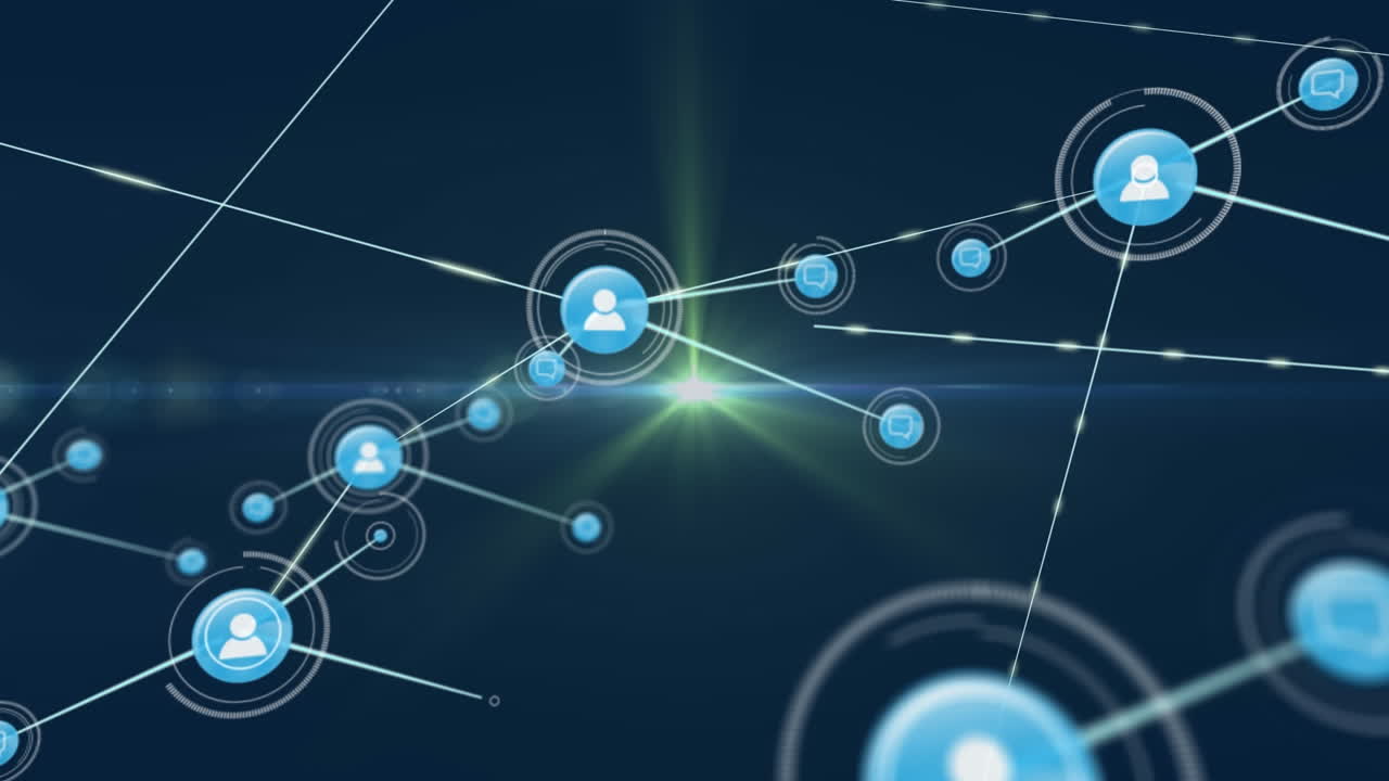 animación de una red de iconos digitales sobre un punto de luz verde contra un fondo azul.