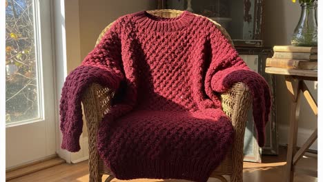 chunky red knitted sweater on a wicker chair in sunlight