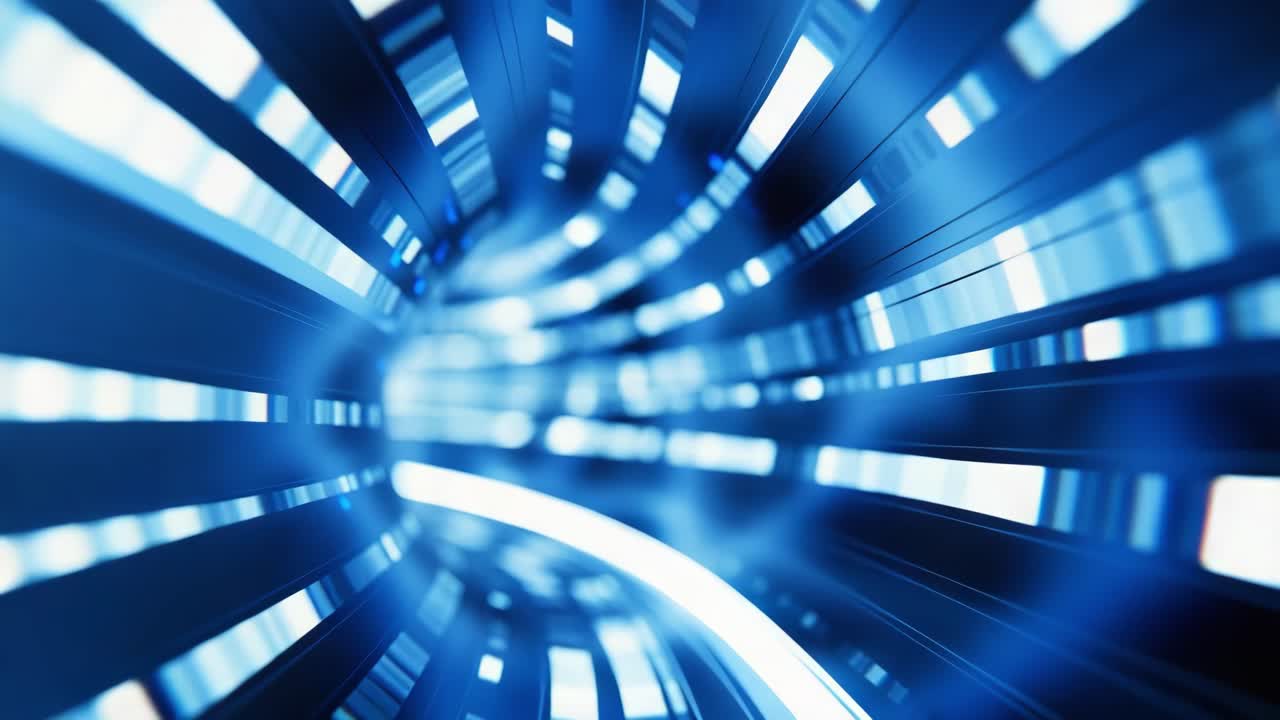Luminous digital cyberspace tunnel generating dynamic light streaks, revealing futuristic technological progression through mesmerizing motion graphics and glowing visual design