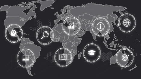 icons representing various industries and services over world map animation