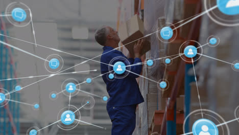 animation of network of connections with icons over caucasian man working in warehouse