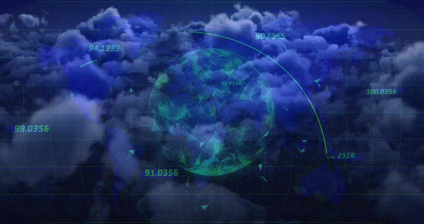 Thin cyan arc tracing above teal globe, rotating while cyan numbers updating for tech tracking
