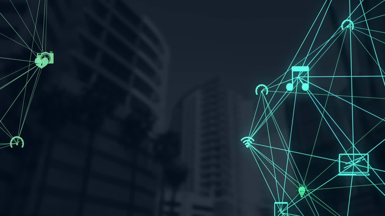 Globe of digital icons against tall buildings