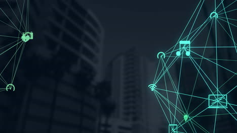 globe of digital icons against tall buildings