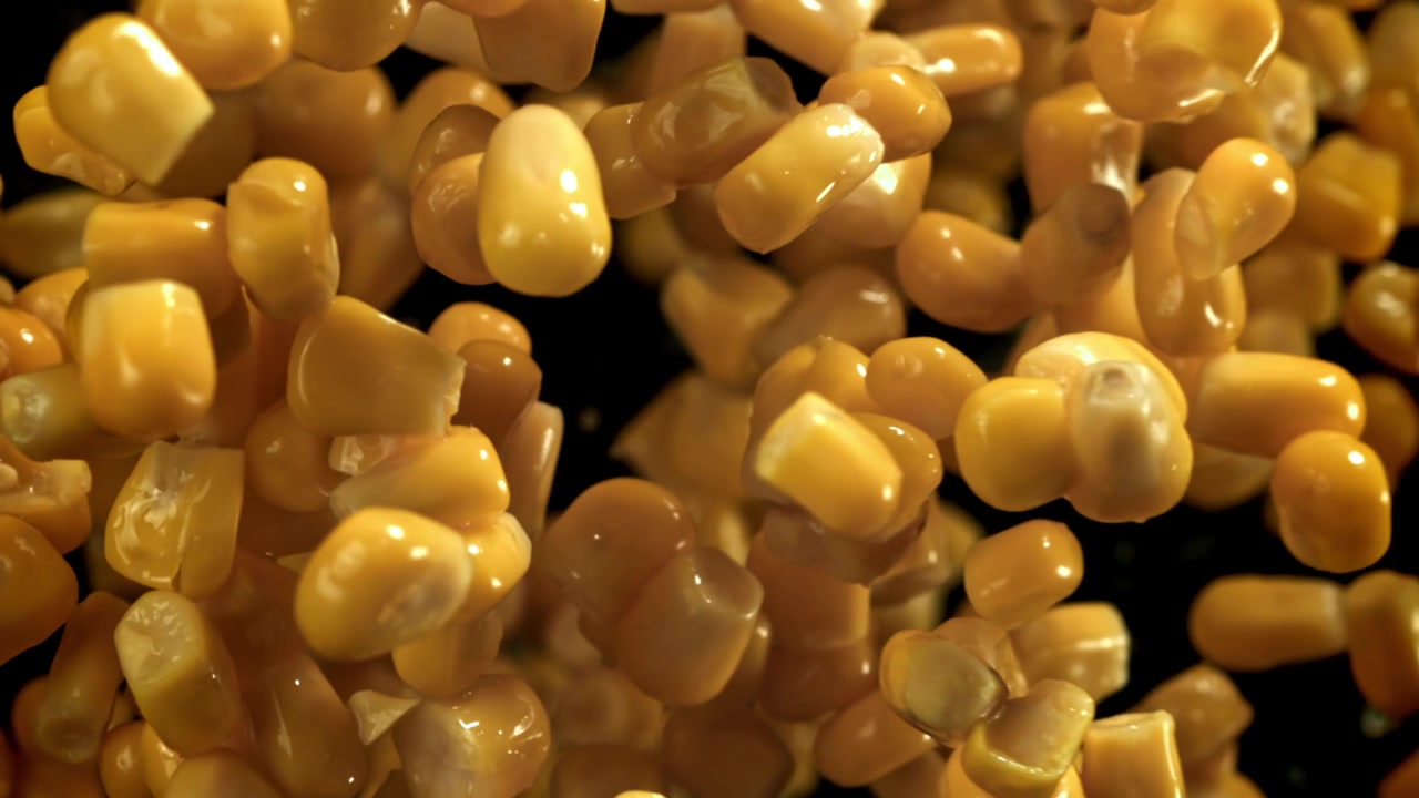 Chicchi di mais dolce dorati che galleggiano al rallentatore.