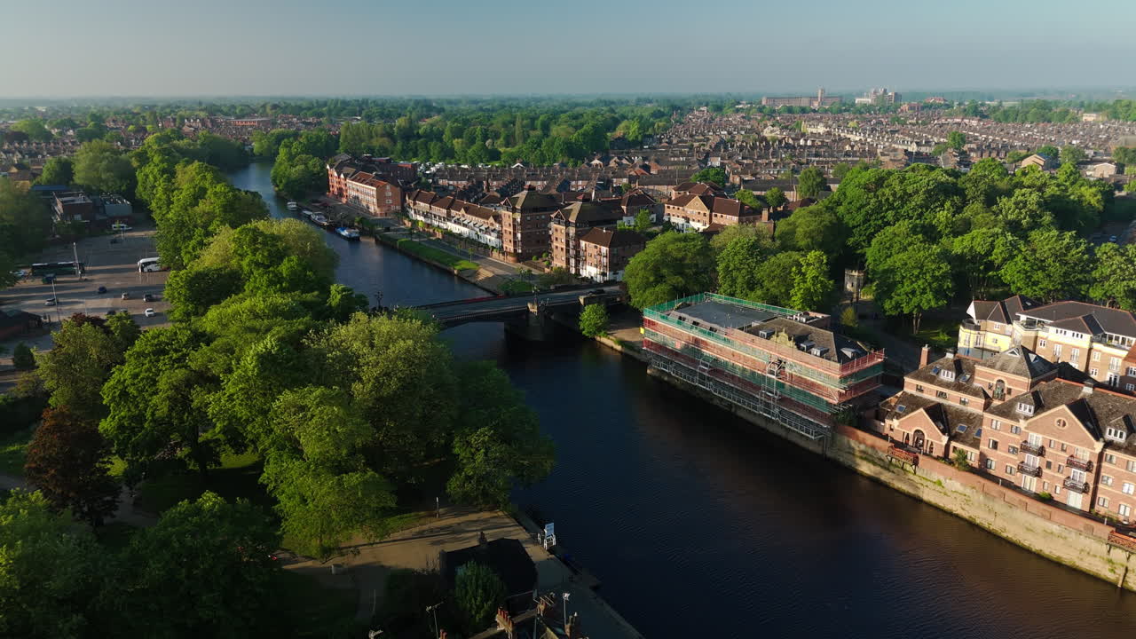 Establishing Aerial Drone Shot over York City and River Ouse Skeldergate Bridge UK