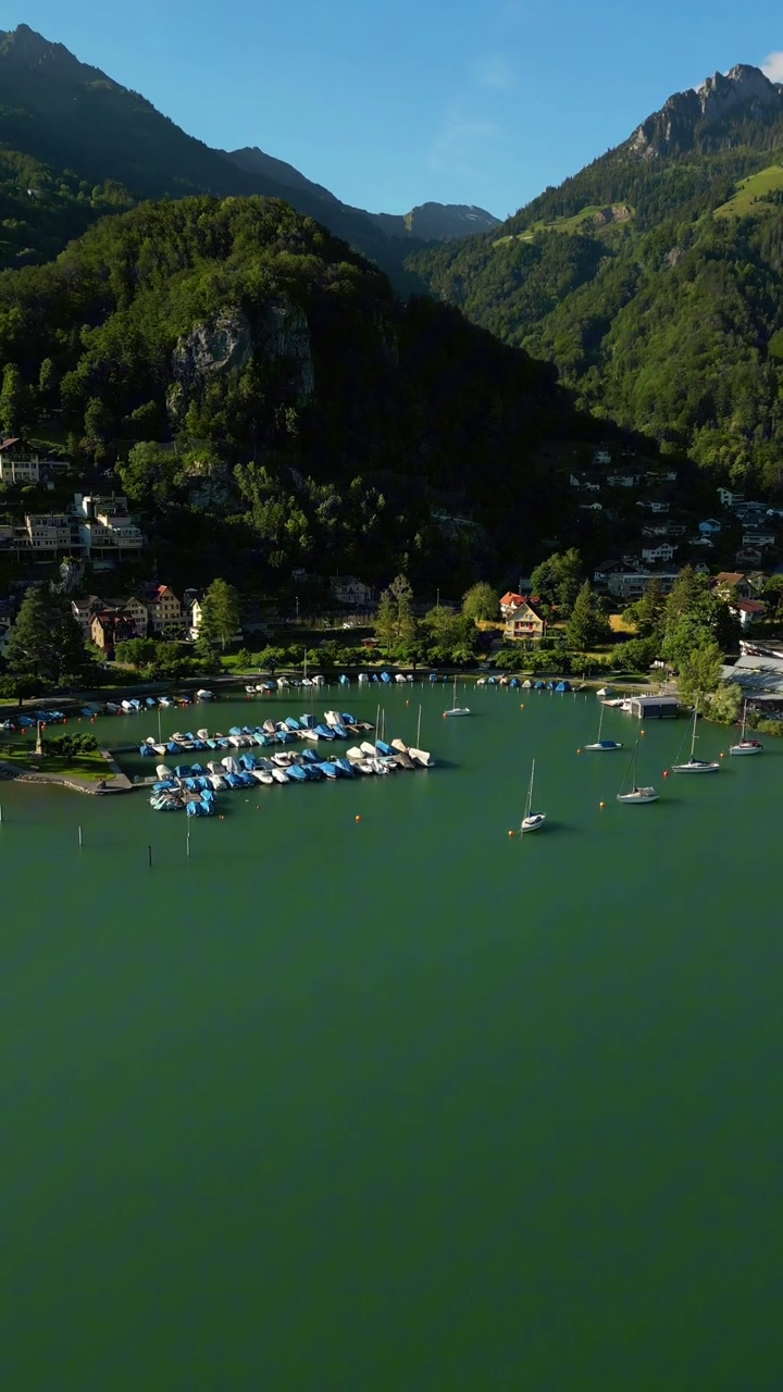 Beautiful aerial view Lake Walensee in Switzerland village of Weesen