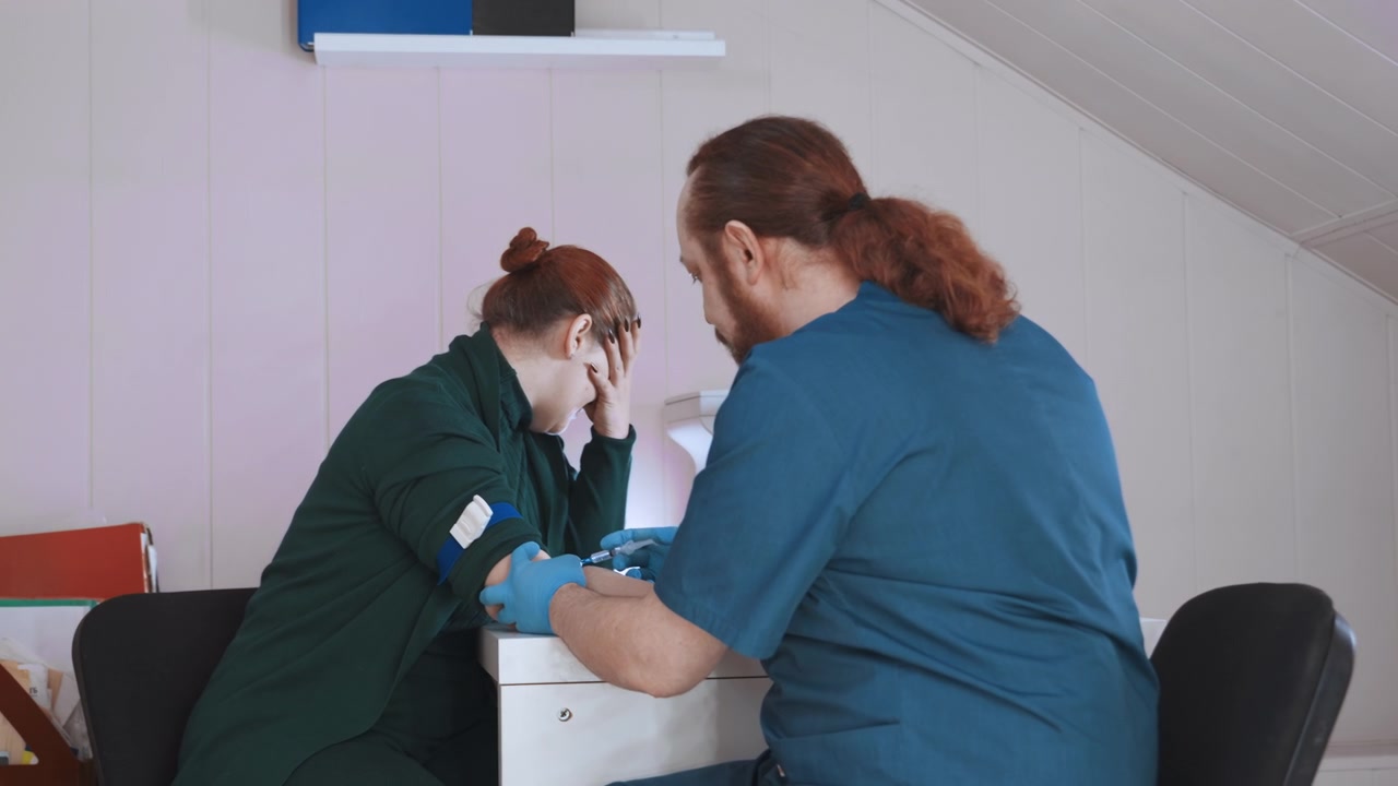Paramedico e infermiera bianchi alla scrivania di casa che valutano un braccio infortunato, clinico dai capelli rossi tiene la testa mentre il collega applica una benda, guanti e monitor portatile visibili, stanza loft interna, lavoro di squadra urgente