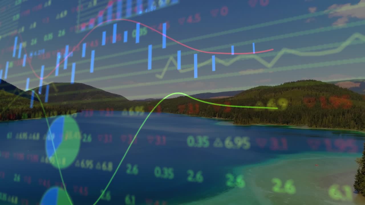 호수 위로 움직이는 금융 오버레이, 맥동하는 선, 이동하는 막대, 시장 동향을 보여주는 로드 금융 오버레이