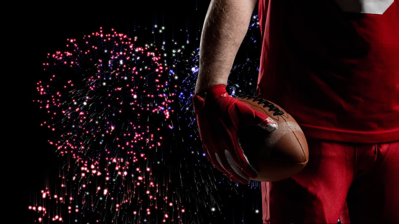 Animazione della parte centrale di un giocatore di football americano su fuochi d'artificio su sfondo nero