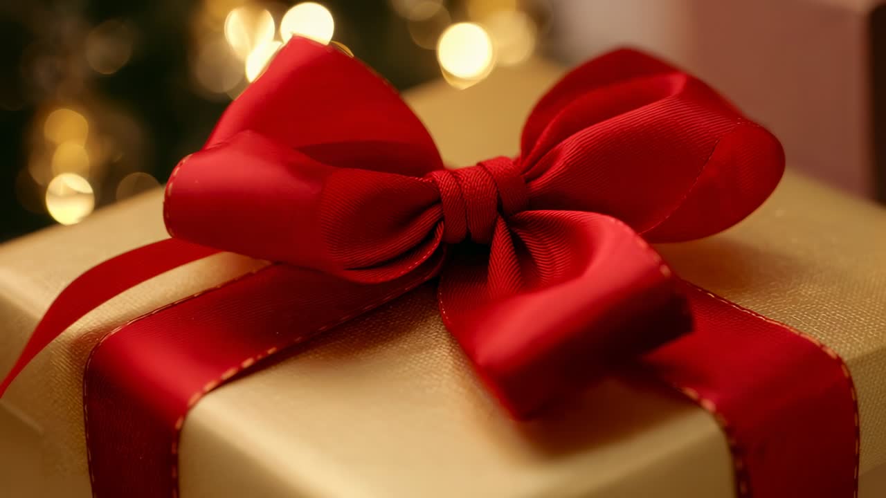 Opening shot holding focus on gold gift box ribbon in living room, with twinkling lights