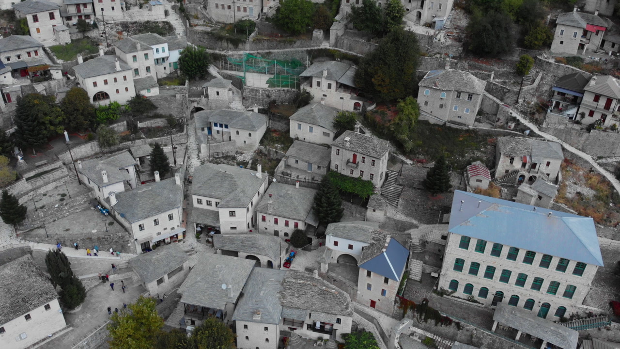 Explore the charming stone buildings of Syrrako, Greece, showcasing traditional architecture and a serene mountain setting. Ideal for cultural documentaries and travel features.