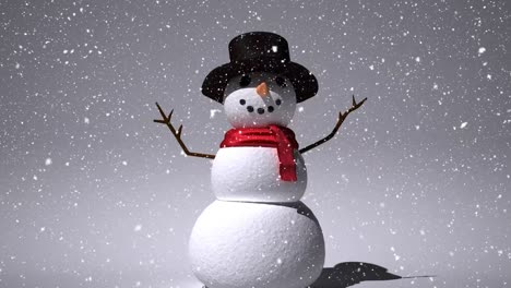 Animation-of-snowman-with-snow-falling-on-grey-background