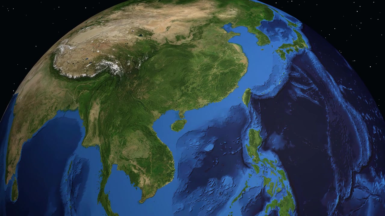 Un'animazione digitale zooma dallo spazio profondo verso la Terra, individuando Yangjiang, Cina, con indicatori di coordinate