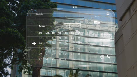 animación de la interfaz digital con procesamiento de datos en un edificio de oficinas moderno
