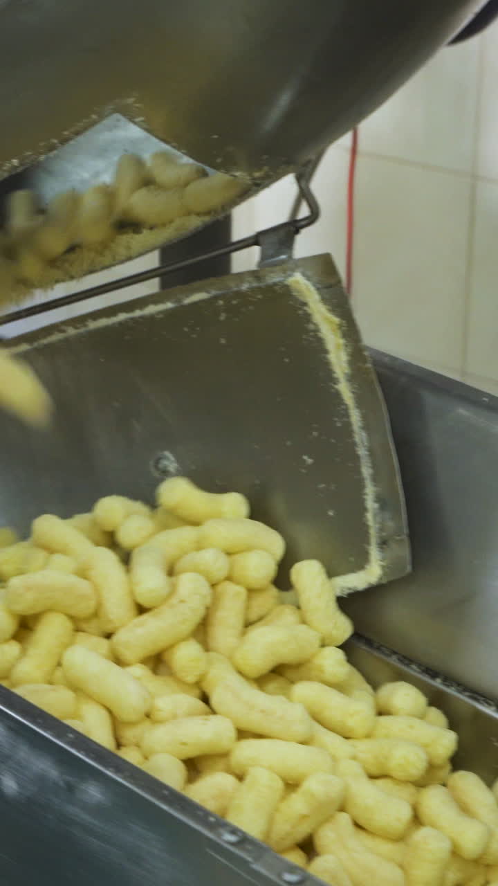 Production of sweet corn sticks in glaze. Metal conveyor with snacks at a food factory. Vertical video