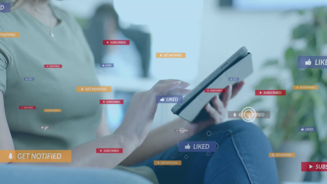 Social media notifications processing over biracial casual businessman using tablet