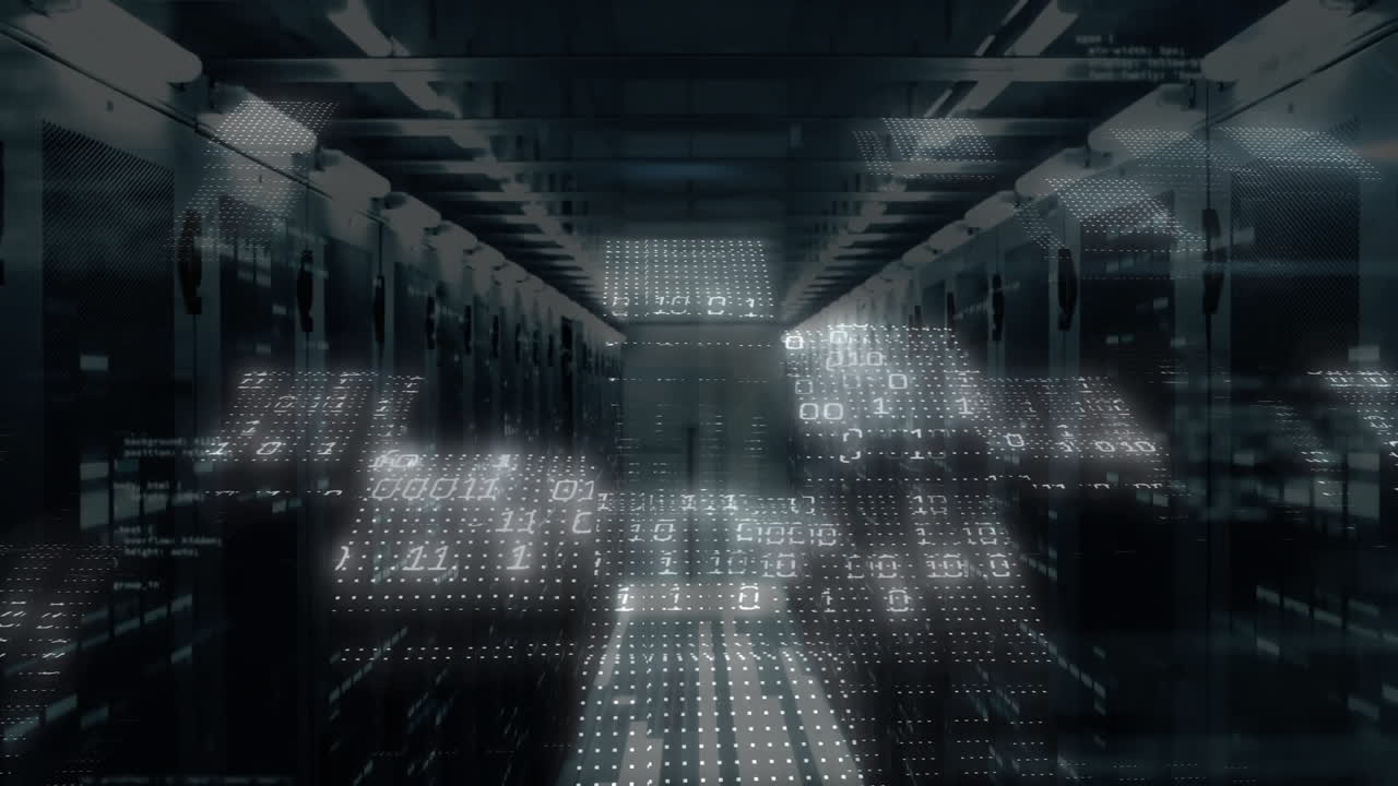 Binary code animating over servers in data center
