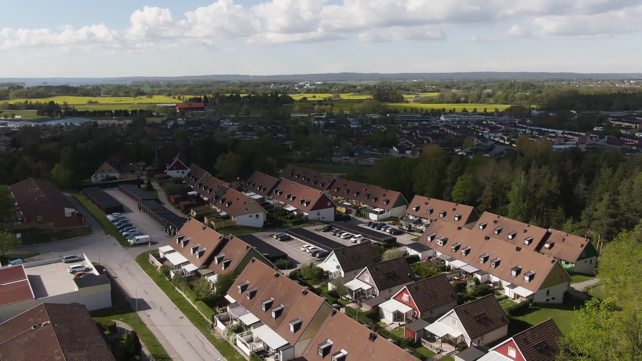 Beautiful living homes on sunny day in Sweden, aerial orbit view