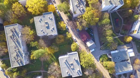 aerial top-down drone shot of blocks of flats in a sub-urban area near budapest, hungary