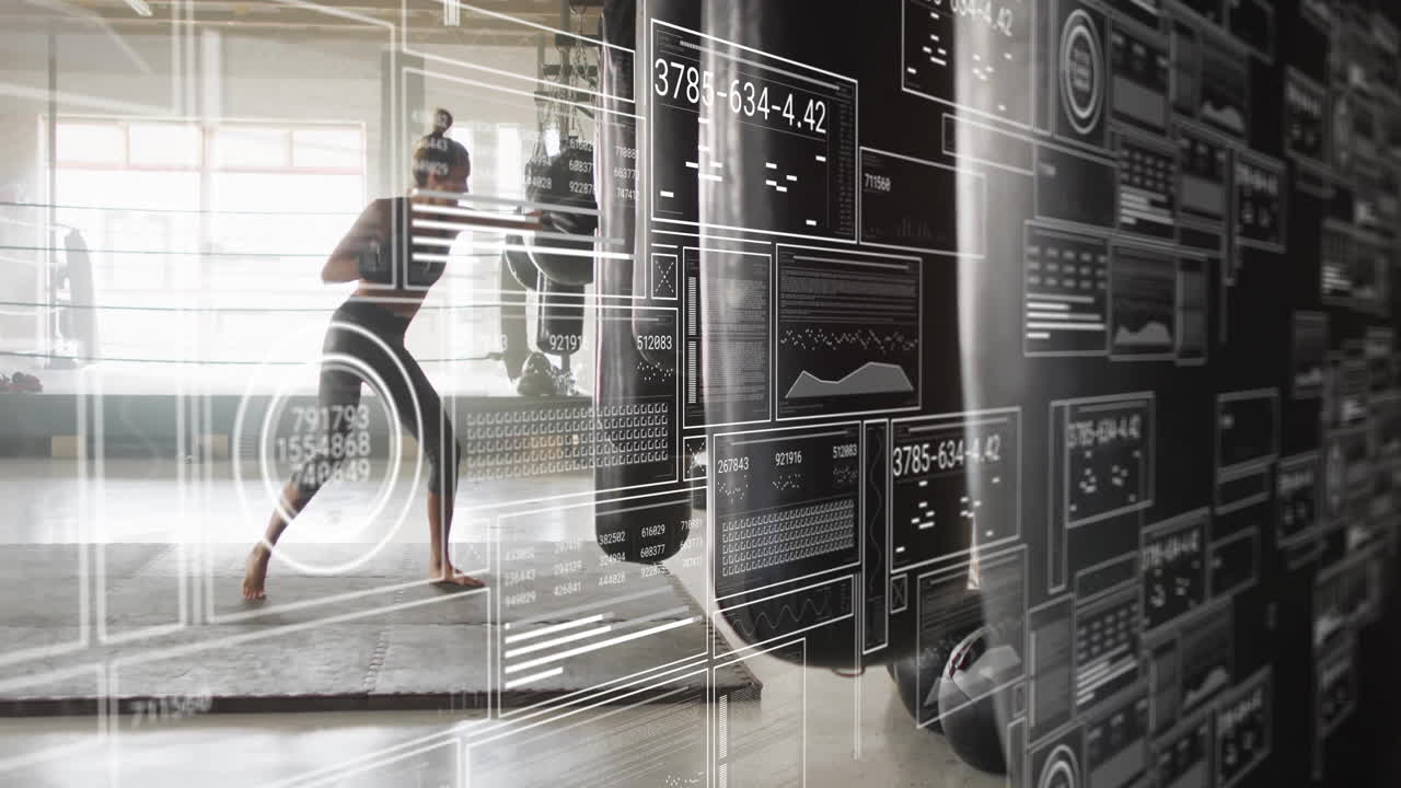 Practicing yoga, woman with animation overlay in modern studio environment