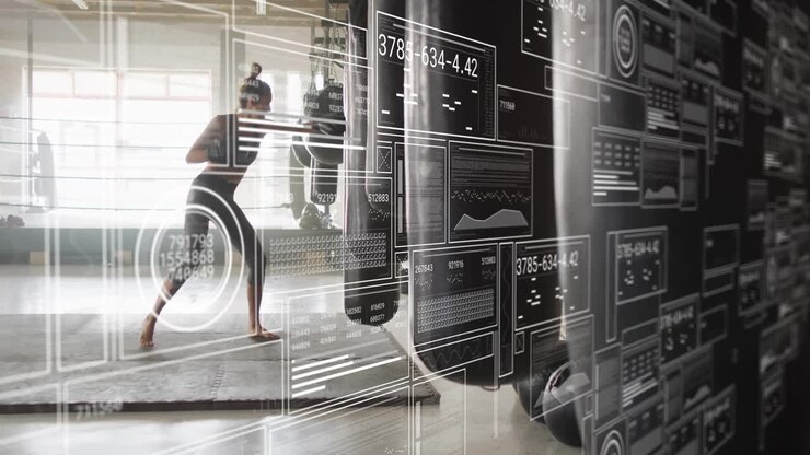 Practicing yoga, woman with animation overlay in modern studio environment