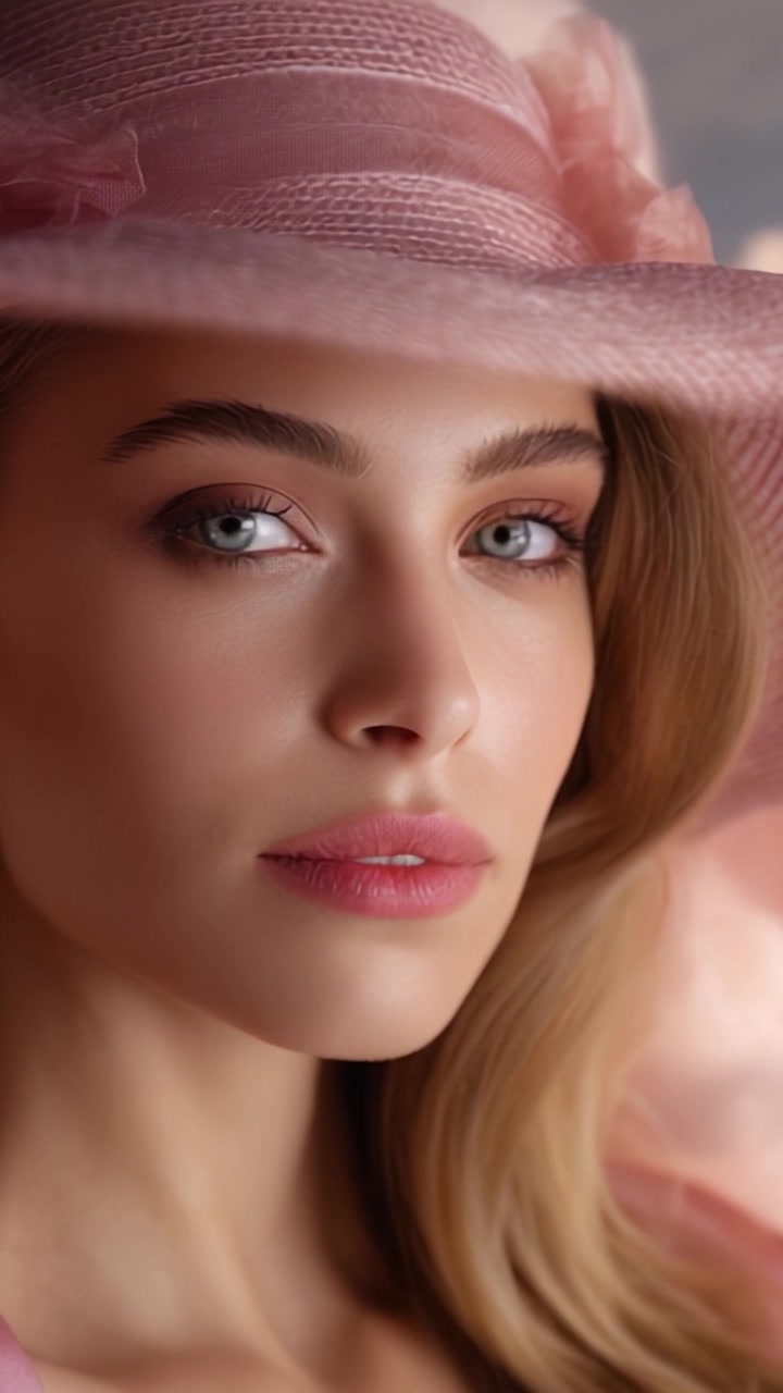 Ritratto di una bella donna con un cappello rosa e illuminazione soffusa, che mette in risalto la sua pelle radiosa e i suoi occhi espressivi, evocando eleganza e grazia