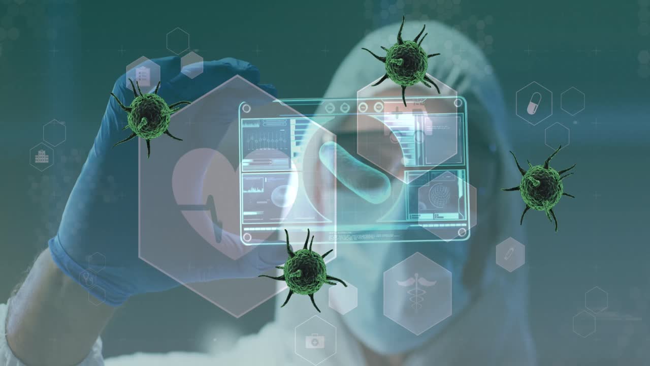 디지털 카드와 함께 안전 옷을 입은 백인 남성 실험실 직원 위의 녹색 바이러스 세포의 애니메이션